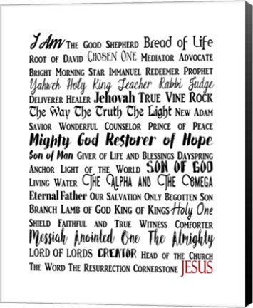 Framed Names of Jesus Rectangle Black and Red Text Print