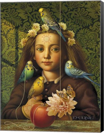 Framed Girl With Parakeets Print