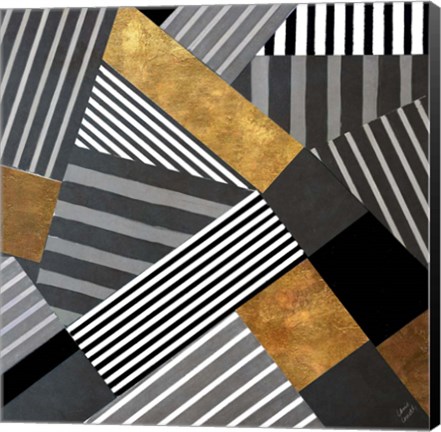 Framed Geo Stripes in Gold &amp; Black II Print