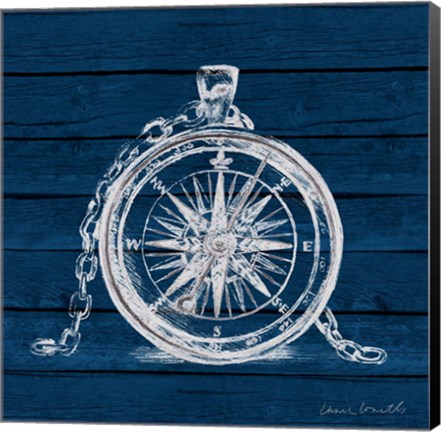 Framed Compass on Blue Wood Print