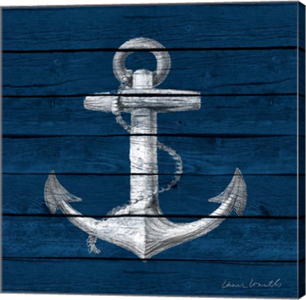 Framed Anchor on Blue Wood Print