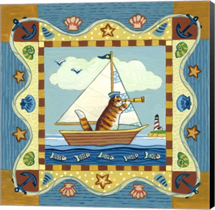 Framed Folk Art Cat Sailing Print