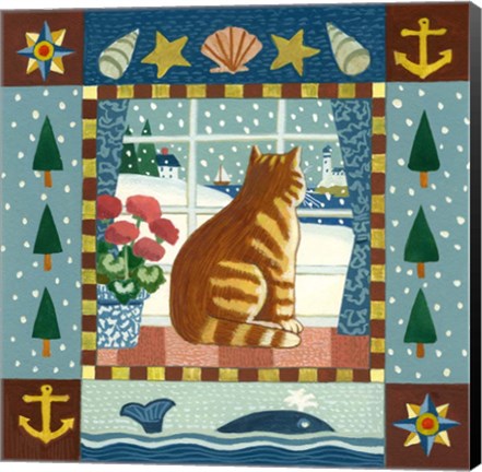 Framed Folk Art Cat Winter Print