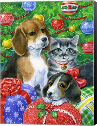 Framed Puppies and Kitten Under the Tree Print
