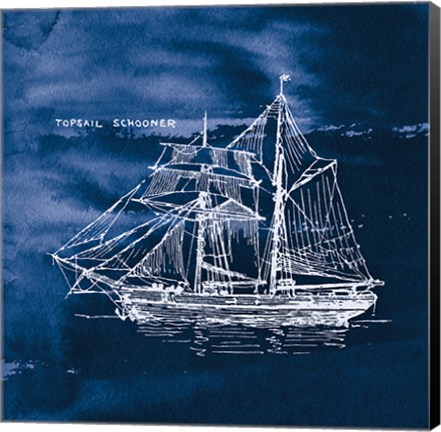 Framed Sailing Ships V Indigo Print