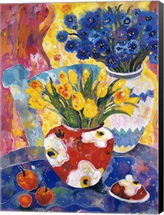 Framed Redvase Of Yellow Tulips Print