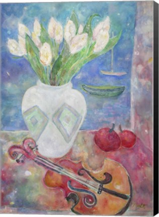 Framed Violin With Flowers Print