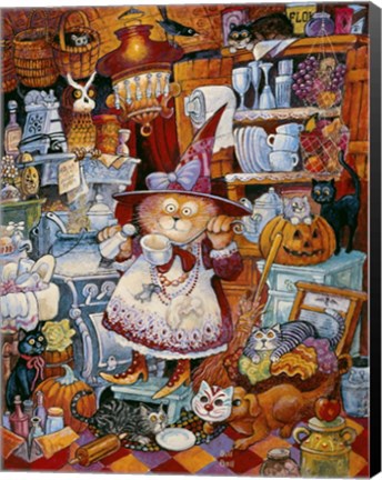 Framed Kitty Kitchen Witch 2 Print