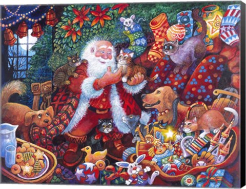 Framed Santa with Pets Print