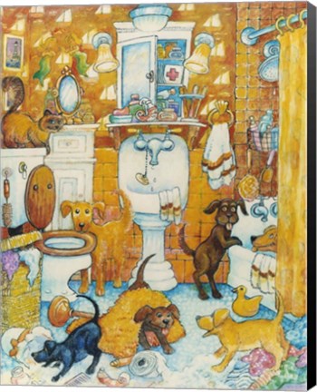 Framed Orange Bathroom Pups Print