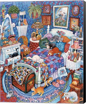 Framed Blue Bedroom Cats Print