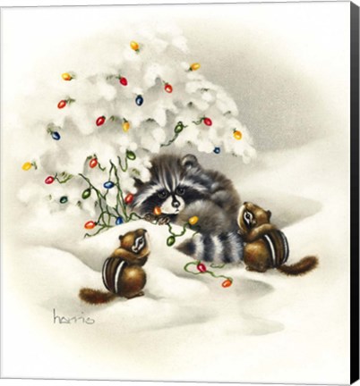 Framed Raccoon/ Chipmunks/ Christmas Lights Print