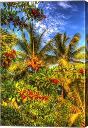 Framed Palms And Red Flowers Vertical Print