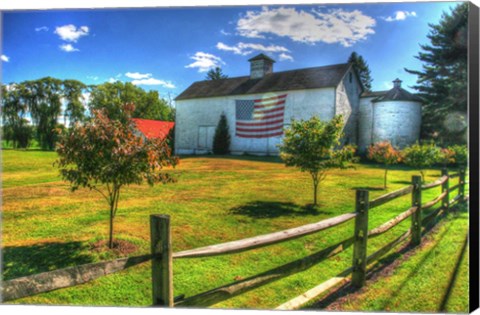Framed White Barn And Flag Print