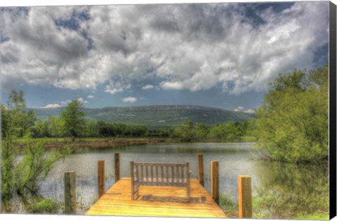 Framed Pond Bench Dock and Mountain Print