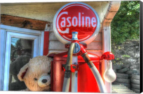 Framed Old Gas Pump and Teddy Print