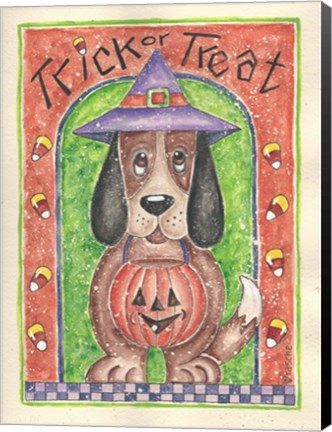 Framed Trick or Treat Dog holding Pumpkin Print