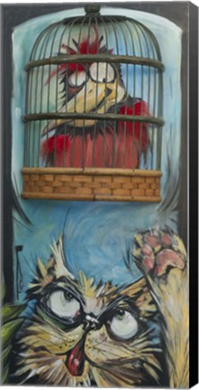 Framed Bird In Cage With Cat Print