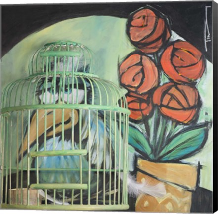 Framed Bird In Cage With Potted Plant Print