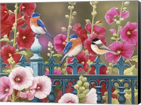 Framed Iron Fence with Hollyhocks Print