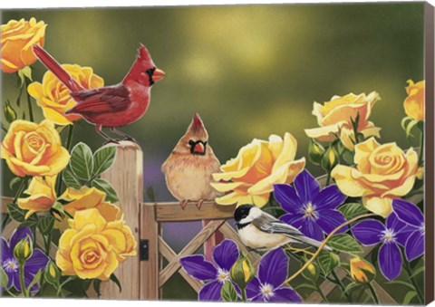 Framed Yellow Roses and Songbirds Print