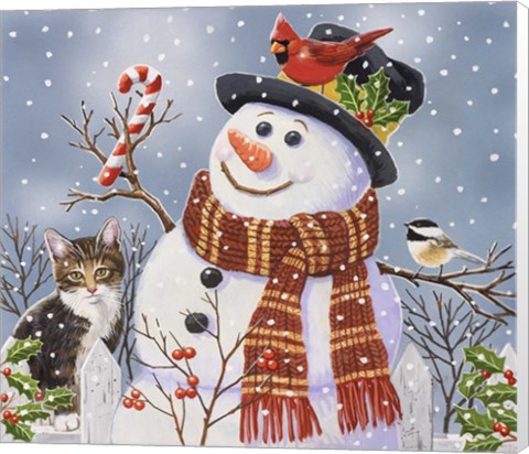 Framed Snowman and Kitten Print