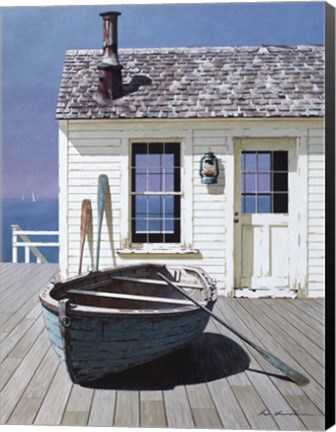 Framed Blue Boat On Deck Print