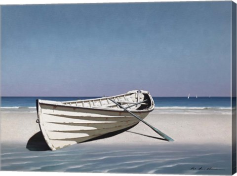 Framed White Boat On Beach Print