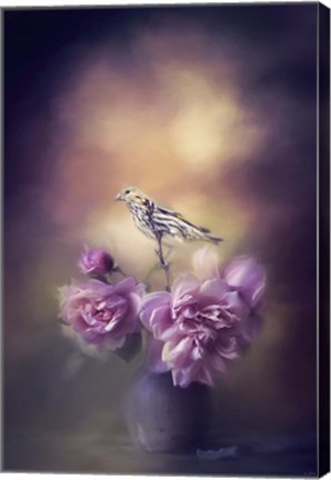 Framed Finch And The Flowers Print