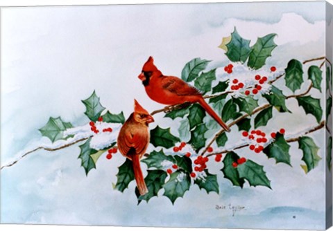 Framed Cardinals and Holly Berries Print