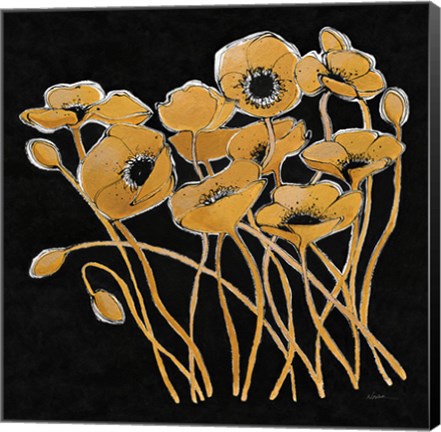 Framed Gold Black Line Poppies I v2 Print