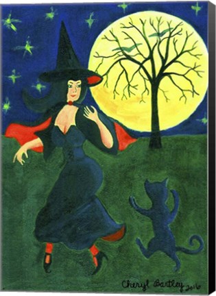 Framed Halloween Witch Black Cat Moon Dance Print