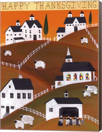 Framed Pilgrim and Sheep Happy Thanksgiving Print