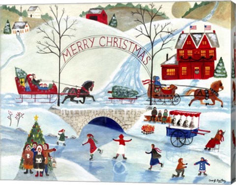 Framed Christmas Day Skating By Old Stone Bridge Print