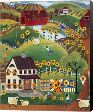 Framed Primitive Quilt Maker House Sunflower Print