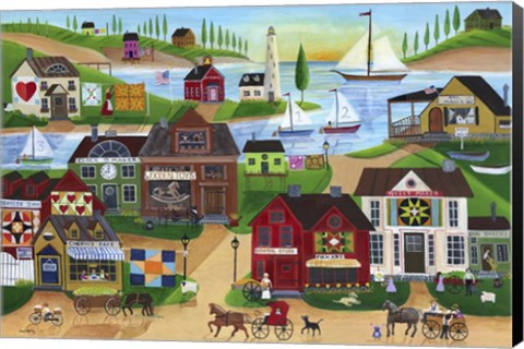 Framed Seaside Village With Wooden Toy Maker Sail Boats Print