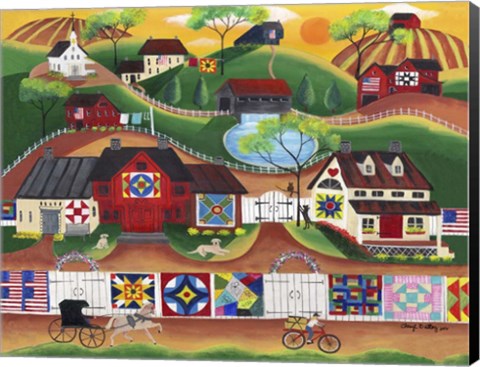 Framed Sunrise Colorful Country Quilt Village Print