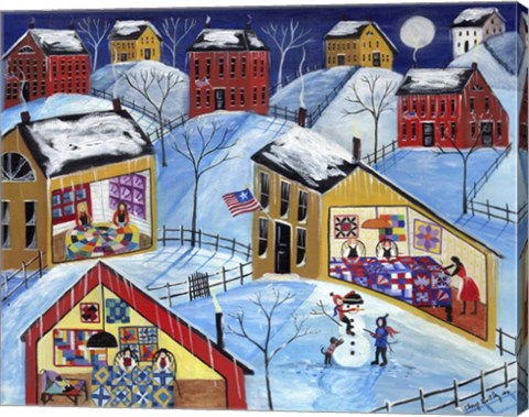 Framed Winter Moon Quilter Village Print