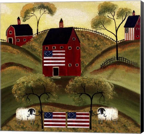 Framed 4th July Sheep Red Barns Print