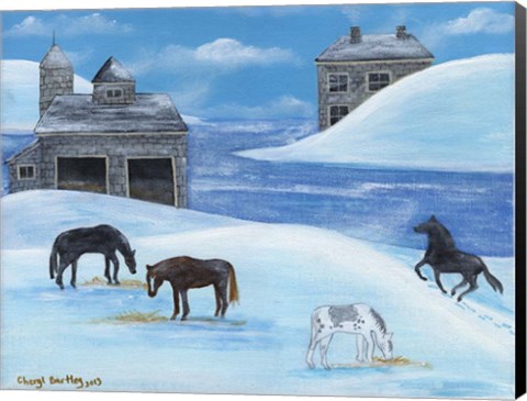 Framed Horses In Snow By River Folk Art Print