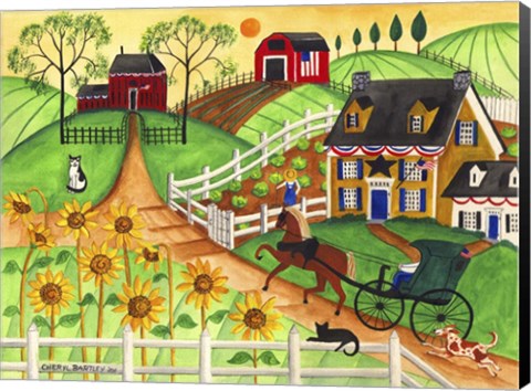 Framed Country Sunflower Quilt Farm Print