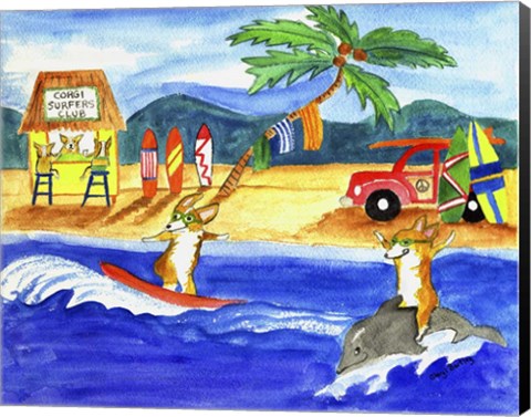 Framed Corgi Surfers Club Print