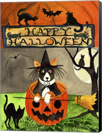 Framed Happy Dog Pumpkin Halloween Print