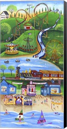 Framed Carnival Train Rides by the Beach Print