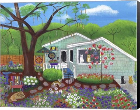 Framed Cats and Dog at Garden Folk Art House Print