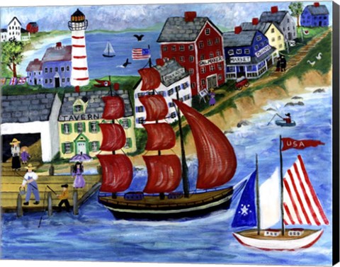 Framed Red Sails Folk Art Seaside Print