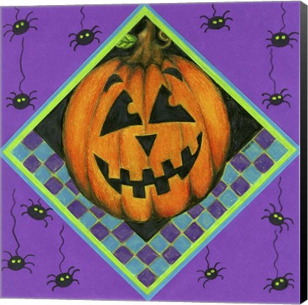 Framed Jack o Lantern with Purple Spiders Print