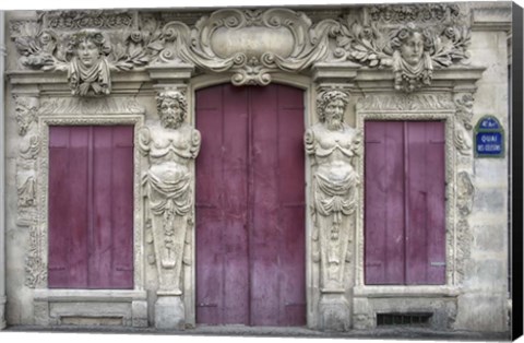 Framed Sculptured Facade In Le Marais Print