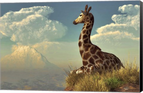 Framed Giraffe And Distant Mountain Print