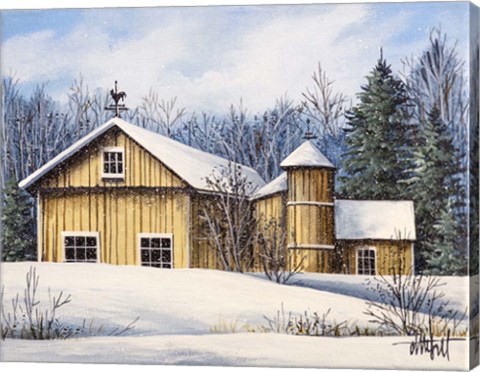 Framed Yellow Barn Winter 1 Print